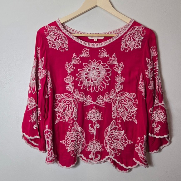 Solitaire Tops - Solitaire Pink Floral Embroidered Boho Bell Sleeve Blouse Top Large 21-1014